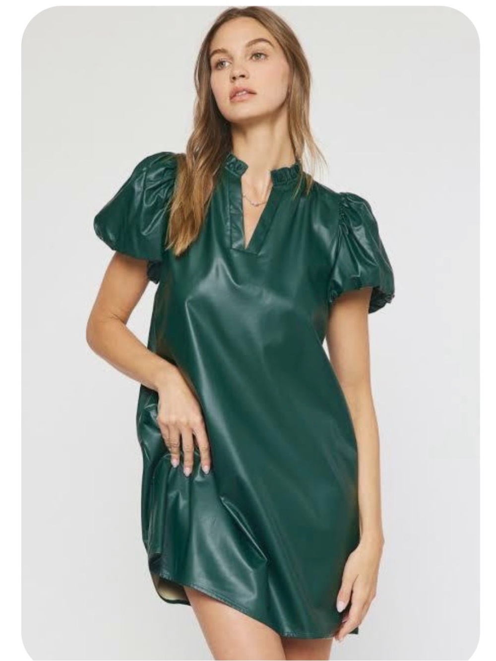 Entro Green Faux Leather Puff Sleeve Ruffled V-Neck Shift Mini Dress Size Medium